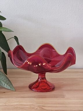 Vintage Viking Red Glass Compote Pedestal Bowl